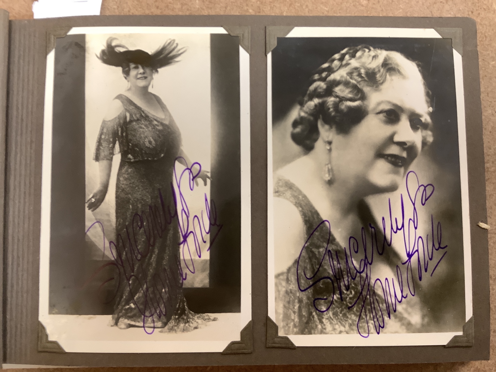 An album of 1930s monochrome postcards including film stars, some signed, letter and other signatures